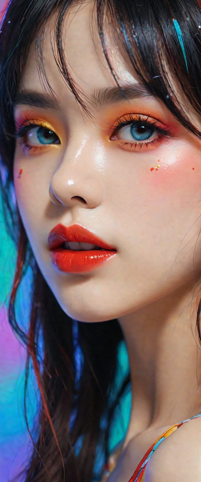 Best quality, masterpiece, very delicate, 8k wallpaper,
1 Girl, cn ink, Face close-up,
{red | orange | yellow | green | cyan | blue | purple | white | black} background, details, red lips, eye shadow, long hair, air bangs,,,,more detail XL