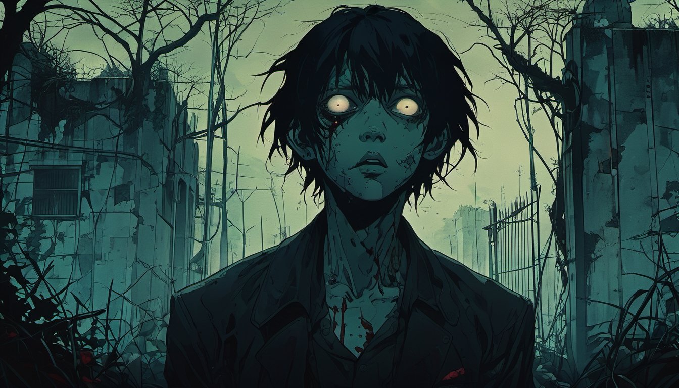 impactful paint of dark anime, a zombie in a graveyard   ,    highly detailed,   8k,   sharp,  professional, clear,   high contrast, high saturated, , vivid deep blacks, crystal clear