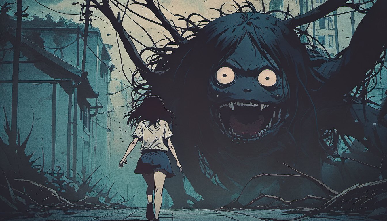 dark manga of  a woman running away of a monster   