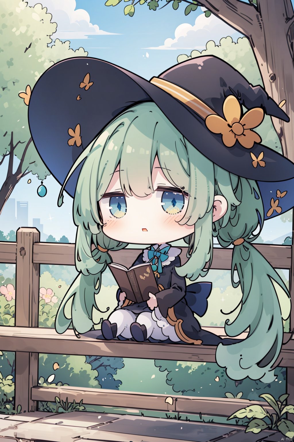 (masterpiece),(best quality),1girl, solo, hat, book, blue eyes, witch hat, bug, green hair, long hair, holding, dress, twintails, sitting, holding book, bangs, outdoors, looking at viewer, butterfly, long sleeves, brooch, flower, white pantyhose, blush, pantyhose, collared dress, black headwear, open book, black footwear, shoes, railing, black dress, parted lips, hat flower, witch, bow, day, tree, hair ornament