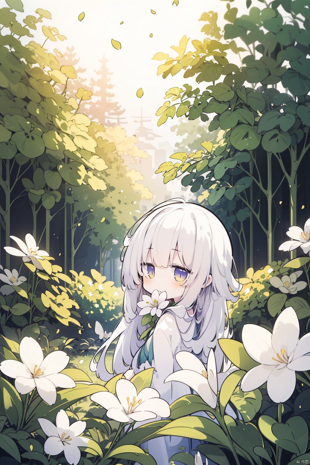  blurry foreground with butterlies, a girl hiding behind plants full of flowers, covering mouth with flowers, looking to viewers through the flowers. solo. The whole atmosphere of the picture is serene and dreamy, evoking a sense of nostalgia and magic. flying leaves falling down from a tall tree with verdant leaves and white flowers. pale skin, lovely, sweet.