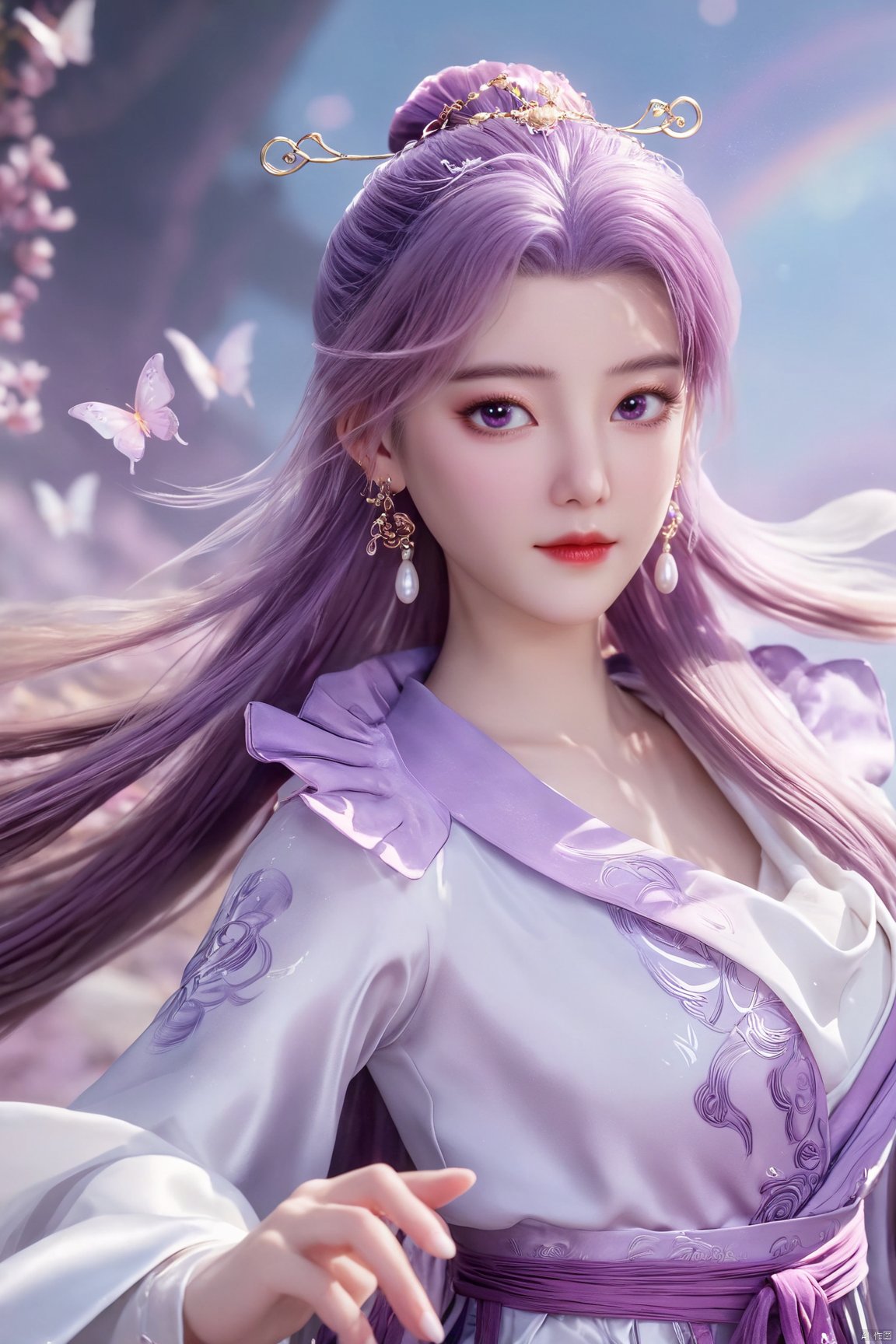  best quality,masterpiece,1girl,solo,long hair,looking at viewer,jewelry,closed mouth,purple eyes,upper body,purple hair,earrings,blurry,blurry background,sunlight,red lips,(big breasts:1.59), Yunxiao_xianzi, Brigitte Lin, X-aurora, pearl_shell, song_hanfu, fantasy_butterfly