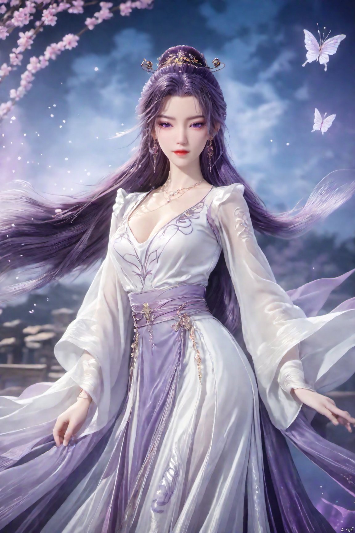  best quality,masterpiece,1girl,solo,long hair,looking at viewer,jewelry,closed mouth,purple eyes,upper body,purple hair,earrings,blurry,blurry background,sunlight,red lips,(big breasts:1.59), Yunxiao_xianzi, Brigitte Lin, X-aurora, pearl_shell, song_hanfu, fantasy_butterfly