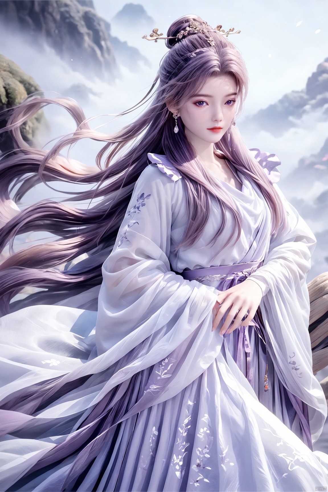  best quality,masterpiece,1girl,solo,long hair,looking at viewer,jewelry,closed mouth,purple eyes,upper body,purple hair,earrings,blurry,blurry background,sunlight,red lips,(big breasts:1.69), Yunxiao_xianzi, Brigitte Lin, X-aurora, pearl_shell, song_hanfu, fantasy_butterfly, Succulent_Plants, traditional chinese ink painting, hanfu, 2.5D