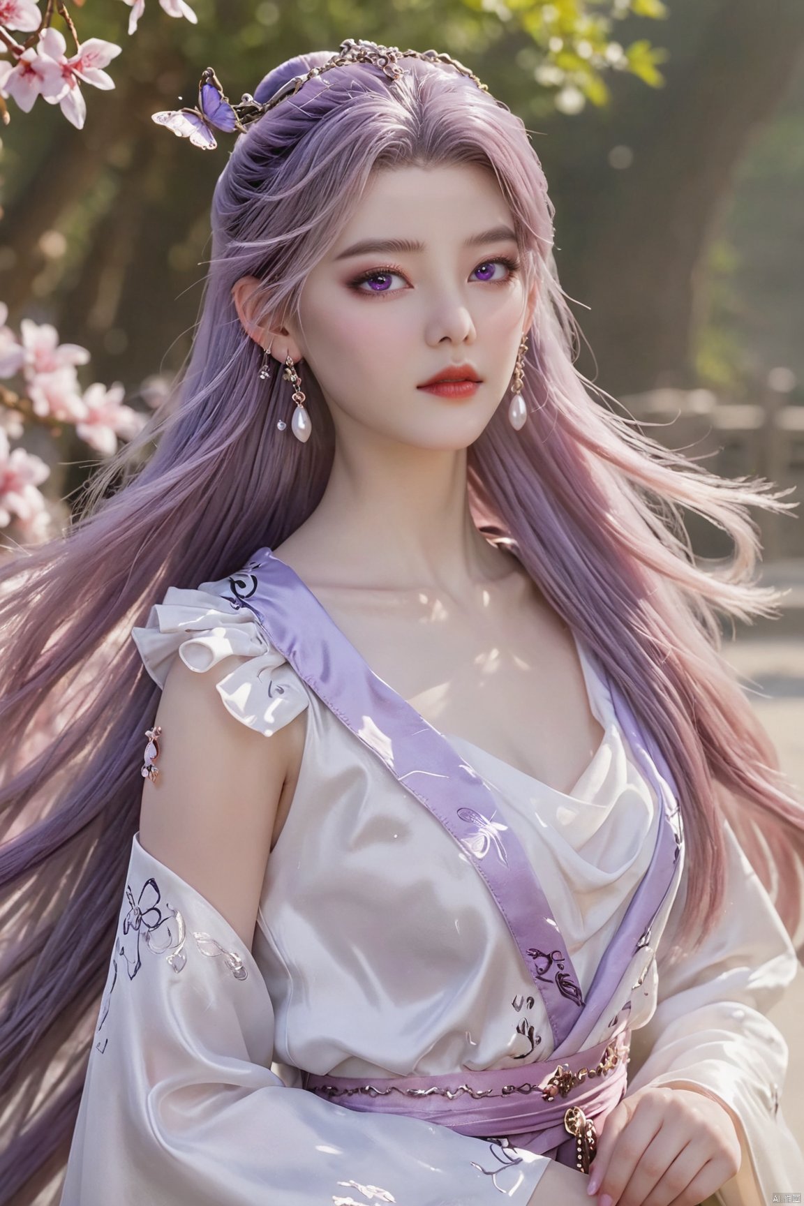  best quality,masterpiece,1girl,solo,long hair,looking at viewer,jewelry,closed mouth,purple eyes,upper body,purple hair,earrings,blurry,blurry background,sunlight,red lips,(big breasts:1.59), Yunxiao_xianzi, Brigitte Lin, X-aurora, pearl_shell, song_hanfu, fantasy_butterfly