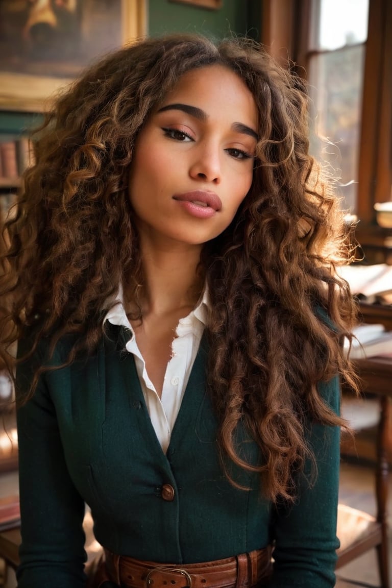 HQ photography, closeup portrait, sharp focus, bokeh background, high contrast, In a serene, cinematic setting, a lovely, young woman, reminiscent of Angeline, sits in an antique university library, looking at the book, Degas-like attention to detail captures every curl and curve of her body. In the background, an antique library full of books and ladders is bathed by the afternoon sun rays, creating a sense of depth and atmosphere. The overall effect is stunning, with cinematic flair, masterpiece, shines brightly on ArtStation, trending for all to admire.,dark academia outfit, brown teal color palette, Rembrandt Lighting Style,darkacademia,photorealistic,tweed blazer, collar shirt, beret,Kodak Motion Picture Film Style, cateye, cute face, young face, ,c3c1l14l10n