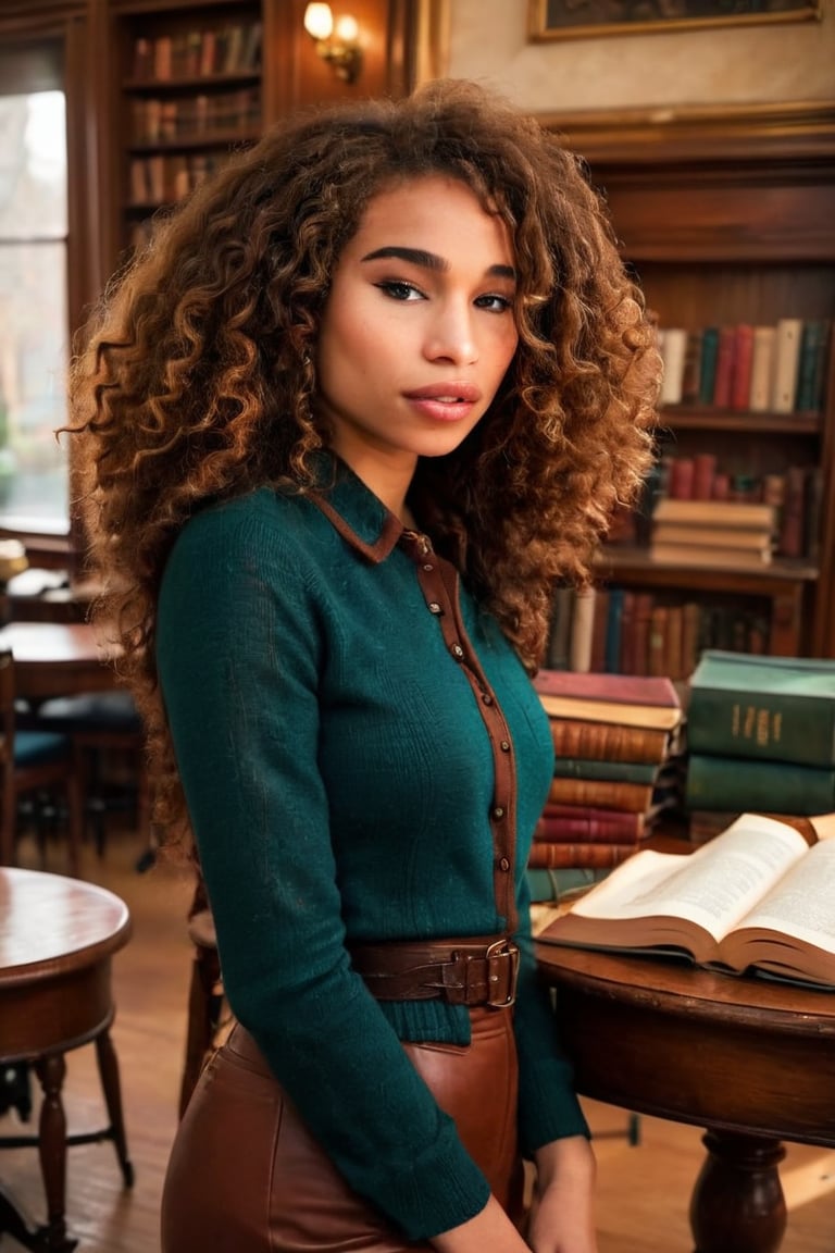 HQ photography, closeup portrait, sharp focus, bokeh background, high contrast, In a serene, cinematic setting, a lovely, young woman, reminiscent of Angeline, sits in an antique university library, looking at the book, Degas-like attention to detail captures every curl and curve of her body. In the background, an antique library full of books and ladders is bathed by the afternoon sun rays, creating a sense of depth and atmosphere. The overall effect is stunning, with cinematic flair, masterpiece, shines brightly on ArtStation, trending for all to admire.,dark academia outfit, brown teal color palette, Rembrandt Lighting Style,darkacademia,photorealistic,tweed blazer, collar shirt, beret,Kodak Motion Picture Film Style, cateye, cute face, young face, ,c3c1l14l10n