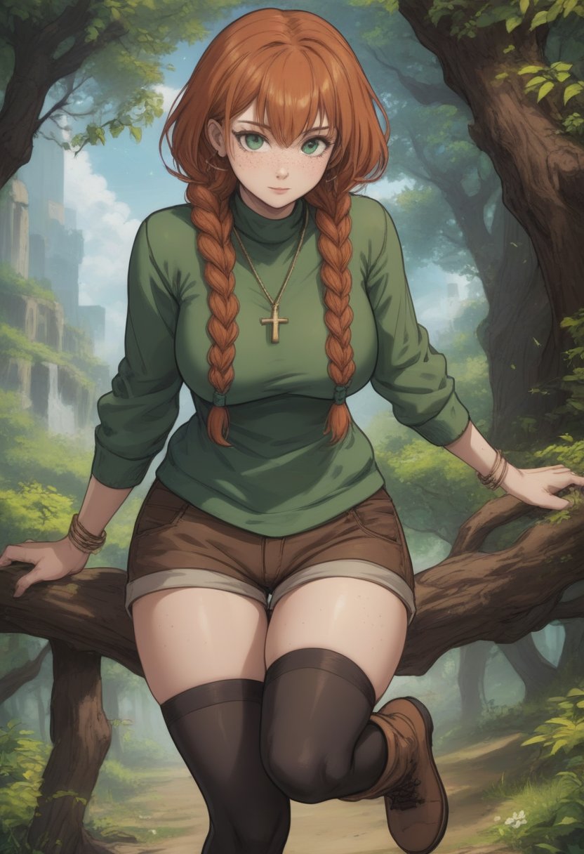 milfpeaches, score_9, score_8_up, score_8, wirish woman, natural red hair, braided twintails, braids, orange hair, green eyes, freckles, white skin, curvy, green sweater, long sleeves, long black boots, brown shirt, brown shorts, cross necklace hanging, (white skin), 1girl, solo, jewelry, bracelet, thighhighs, fellatrix style
