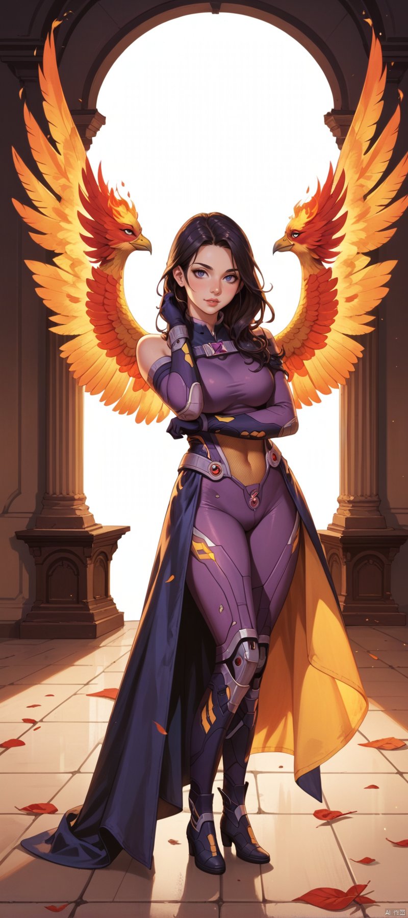 1 girl, flame body, masterpiece, top quality,phoenix dark is x-men, beautiful and aesthetic:1.2, (1girl:1.3), (full body:1.5),RUANYI0516 purple bodysuit machanic wing,score_9 score_8_up score_7_up