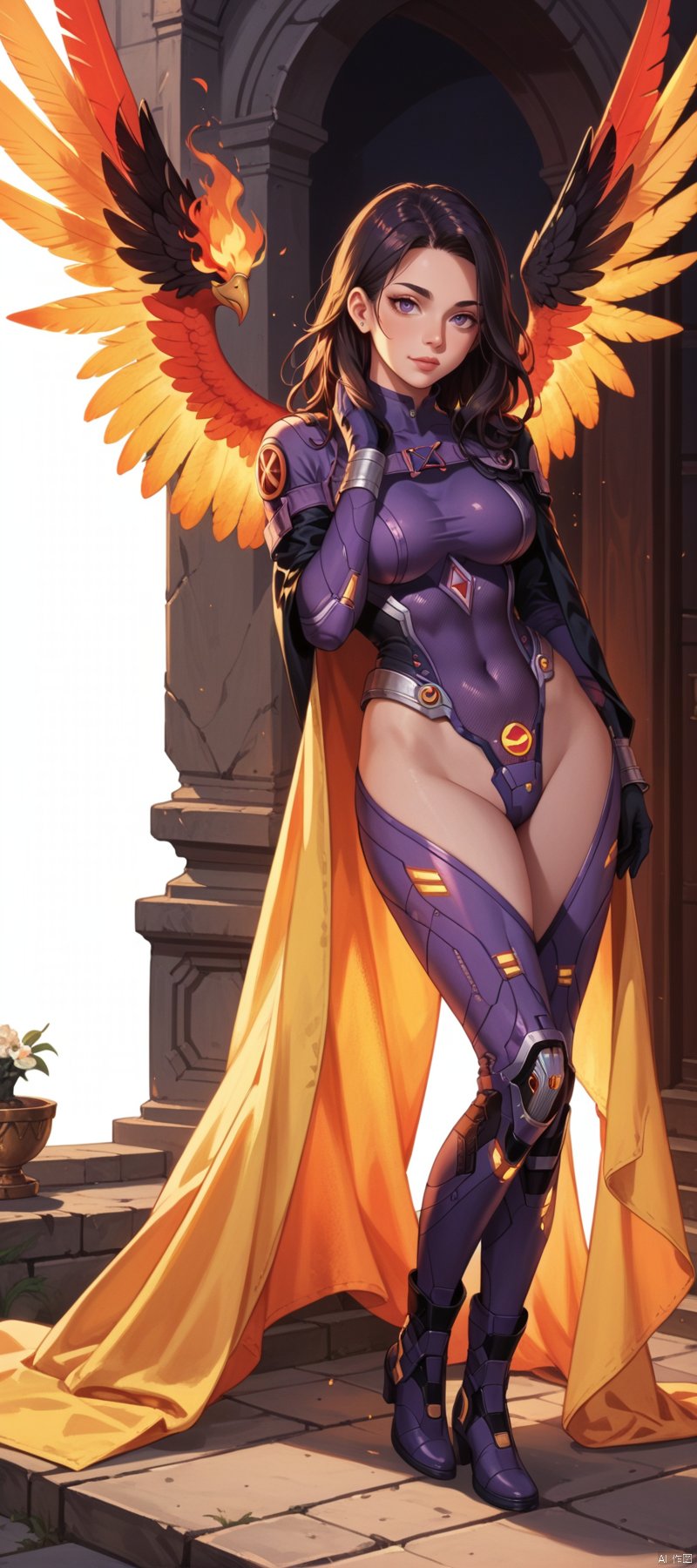 1 girl, flame body, masterpiece, top quality,phoenix dark is x-men, beautiful and aesthetic:1.2, (1girl:1.3), (full body:1.5),RUANYI0516 purple bodysuit machanic wing,score_9 score_8_up score_7_up