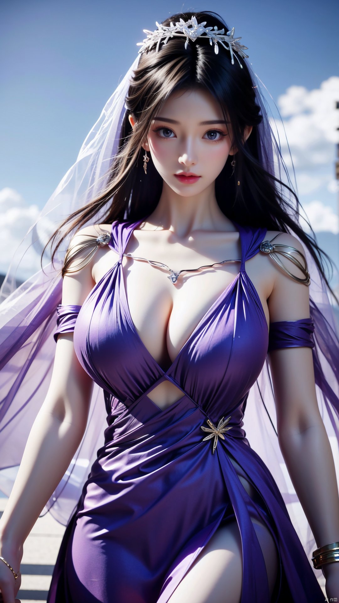  masterpiece,best quality,1girl, veil, dress, solo, black hair, jewelry, mouth veil, hair ornament, long hair, bracelet, purple dress, purple eyes, cowboy shot, dynamic pose, dynamic angle, ziling_xianzi,  (big breasts:1.63),