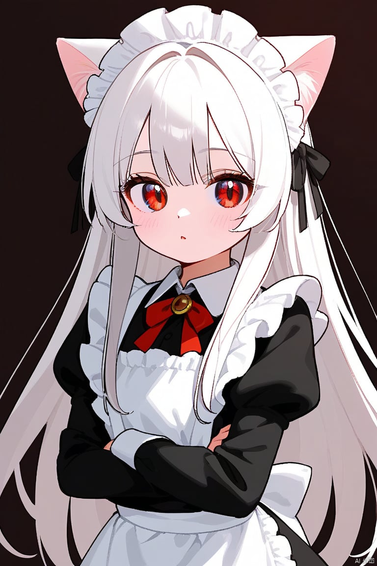 1girl, loli,solo,white hair,long hair,bangs,red eyes,maid,maid headdress,cat ears,,, meme,,upper_body, overexpression, , Random emotion,
