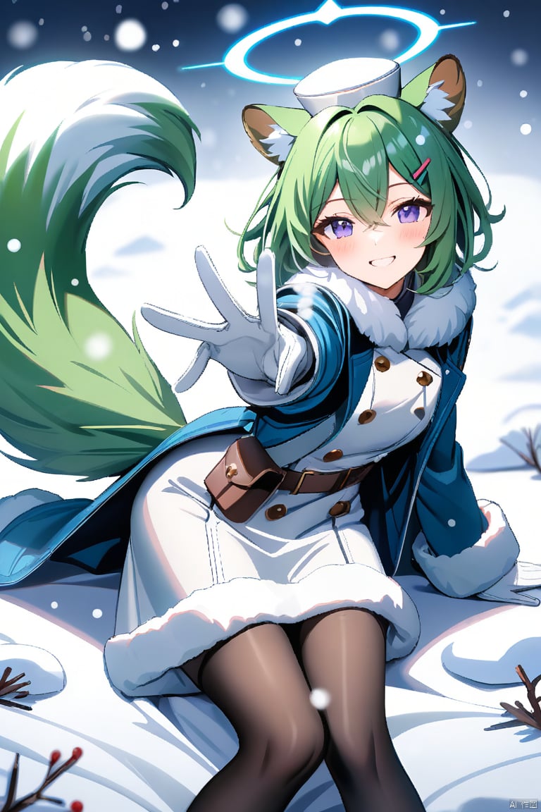 masterpiece, best quality, 1girl,halo, solo, tail, smile, fur trim, gloves, blush, hairclip, hat, looking at viewer, grey gloves, reaching towards viewer, weasel ears, reaching, grin, weasel tail, lying, purple eyes, snow, long sleeves, hair ornament, snowing, blue halo, hair between eyes, flask, on back, green hair, jacket, outstretched arms, pantyhose, short hair, coat, pouch, grey headwear, white gloves, blue eyes, fur-trimmed coat, feet out of frame,