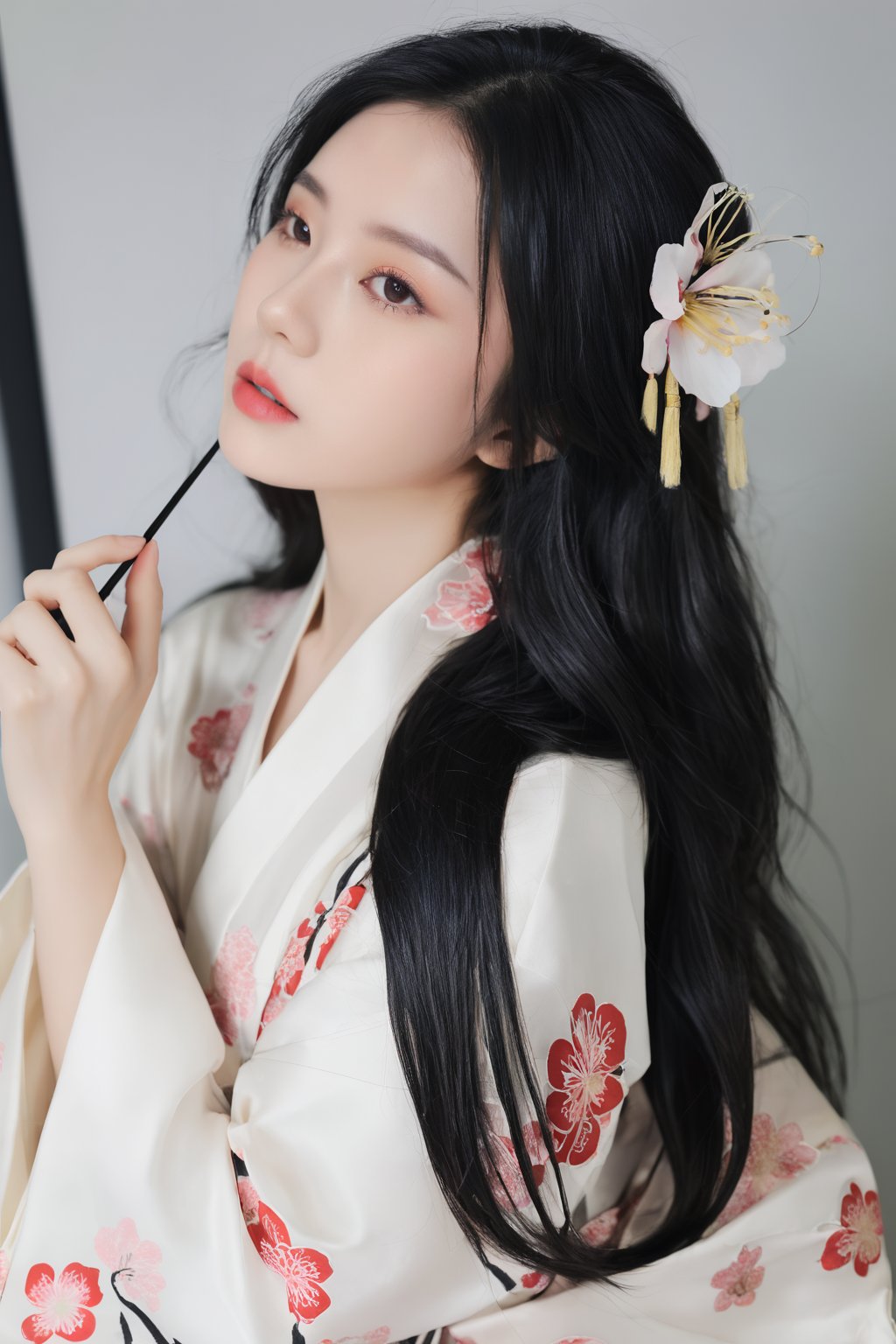 26yo hubggirl, wearing kimono, Sakura Theme,

eyeshadow, long eyelashes, (messy hair:0.6), long black hair, 

film photography aesthetic, dynamic composition, skin texture, sharp focus, hard shadows