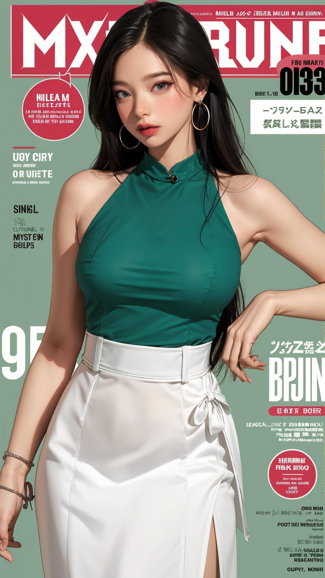 1girl, standing, thigh up body, ((looking at viewer, center opening,)) 2D artstyle, magazine cover, outline, earings, blush, green background, hairstyle, ultra detailed, best quality, sharp focus, ,DiaSondef,sophiesw,Mia ,Anna ,mthanhh,minatw,momo,sanatw,aespakarina,wintracy