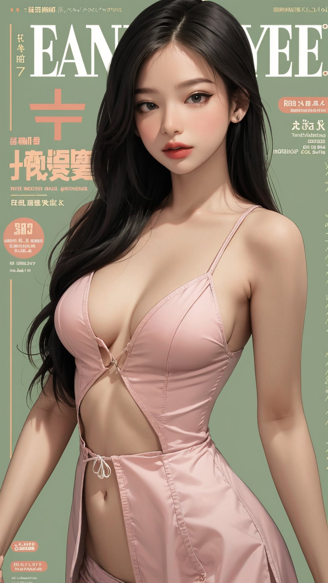 1girl, standing, thigh up body, ((looking at viewer, center opening,)) 2D artstyle, magazine cover, outline, earings, blush, green background, hairstyle, ultra detailed, best quality, sharp focus, ,DiaSondef,sophiesw,Mia ,Anna ,mthanhh,minatw,momo,sanatw,aespakarina,wintracy