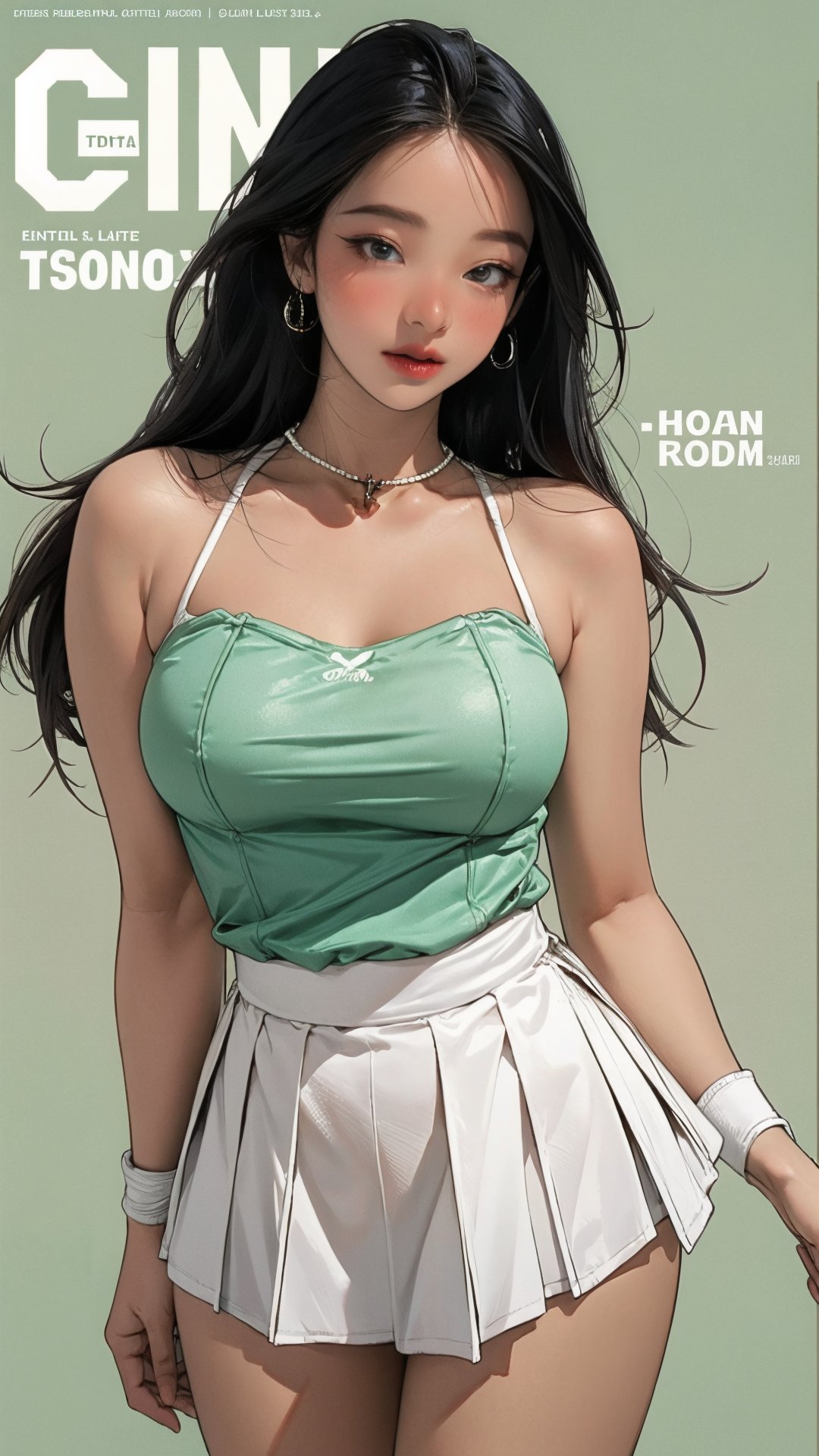 1girl, standing, thigh up body, ((looking at viewer, tennis girl outfit, center opening,)) 2D artstyle, magazine cover, outline, earings, blush, green background, hairstyle, ultra detailed, best quality, sharp focus, ,DiaSondef,sophiesw,Mia ,Anna ,mthanhh,minatw,momo,sanatw,aespakarina,wintracy