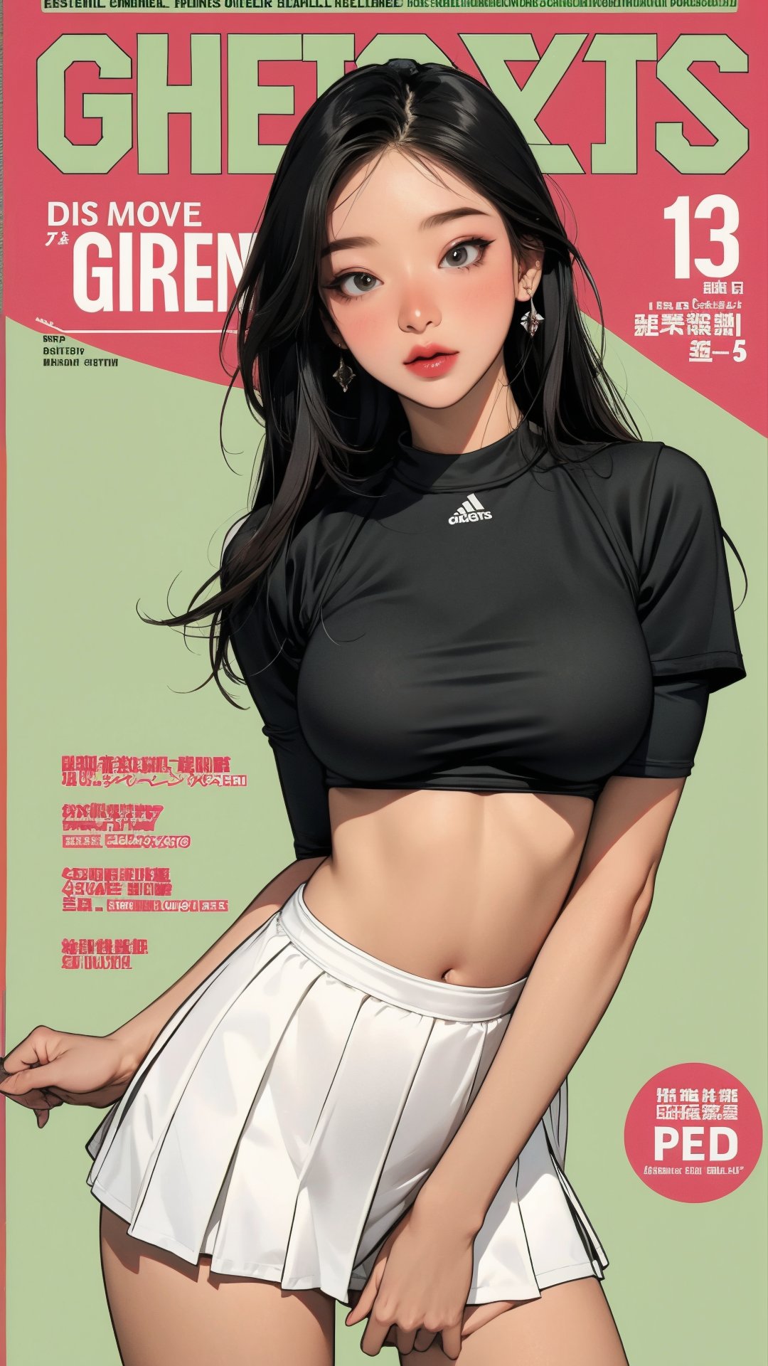 1girl, standing, thigh up body, ((looking at viewer, tennis girl outfit, center opening,)) 2D artstyle, magazine cover, outline, earings, blush, green background, hairstyle, ultra detailed, best quality, sharp focus, ,DiaSondef,sophiesw,Mia ,Anna ,mthanhh,minatw,momo,sanatw,aespakarina,wintracy