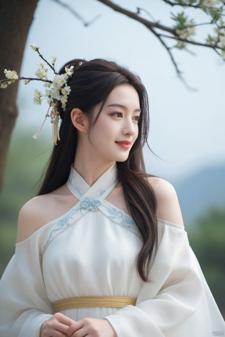  best quality, masterpiece,cowboy_shot,(Good structure),,a girl,xianjing,Off-the-shoulder, bust photo,upper body,Hanfu, Cloud, Smoke,branch,flower, smile,Gaze at the audience, Ink scattering_Chinese style, ((poakl)), ,looking_at_viewer,kind smile, , chinese dress,white dress, liuyifei,long_hair, Anne Hathaway