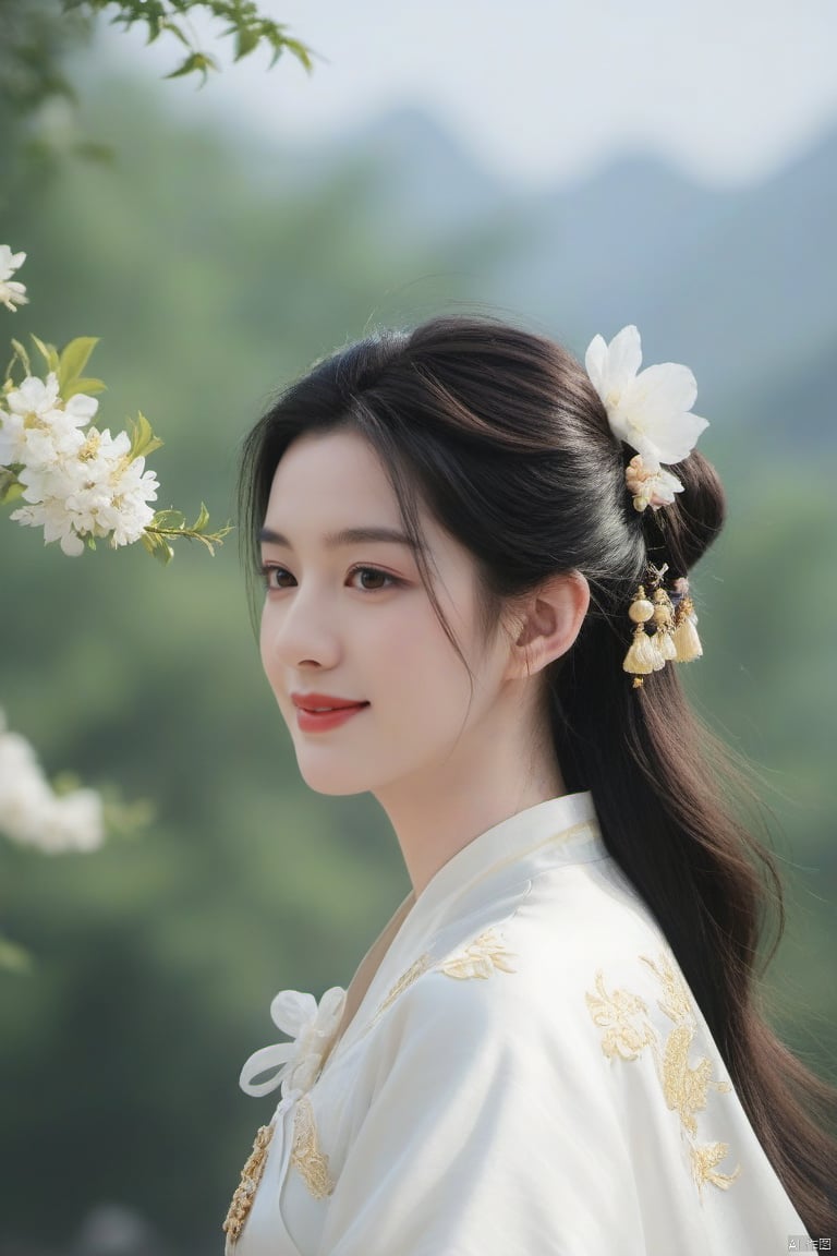  best quality, masterpiece,cowboy_shot,(Good structure),,a girl,xianjing,Off-the-shoulder, bust photo,upper body,Hanfu, Cloud, Smoke,branch,flower, smile,Gaze at the audience, Ink scattering_Chinese style, ((poakl)), ,looking_at_viewer,kind smile, , chinese dress,white dress, liuyifei,long_hair, Anne Hathaway,