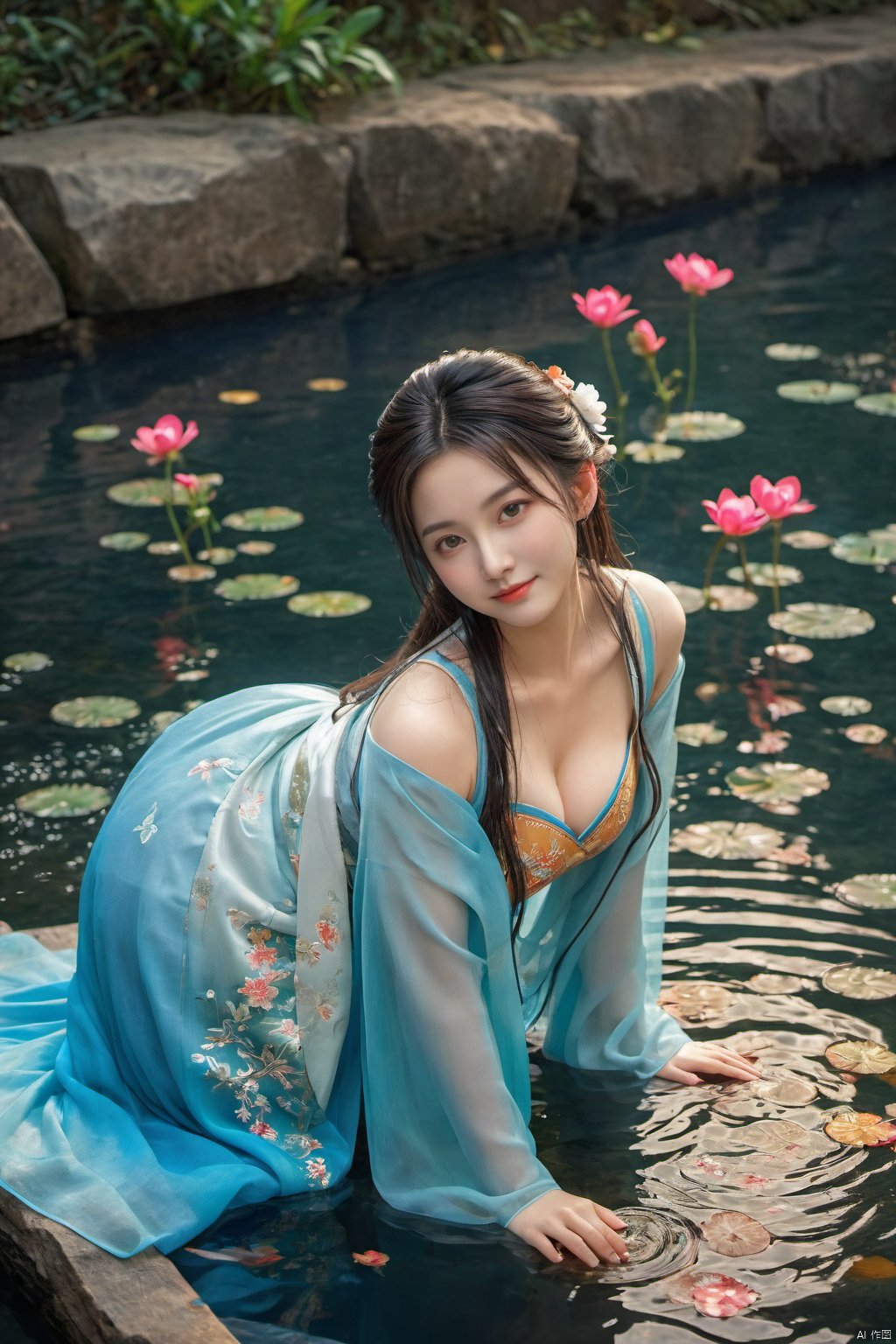  photo,Ultra-realistic,bottu,1girl,A shy smile,chinese hanfu,Bare shoulder,best quality, masterpiece, ultra-high resolution, HDR, UHD, 64K, official art,(photorealistic), (realistic),depth of field,outdoors,(night),(dim light),(onsen, flower arrangement),floating hair,long hair,dark brown hair,(full body),arms at sides,seductive pose,(wedge heels),(blue pantyhose),pencil skirt,(sitting),(large breasts),(solo_focus),looking_at_viewer,(fit and petite body, busty),(curvy),(under the water),(wet hair, wet shirt),