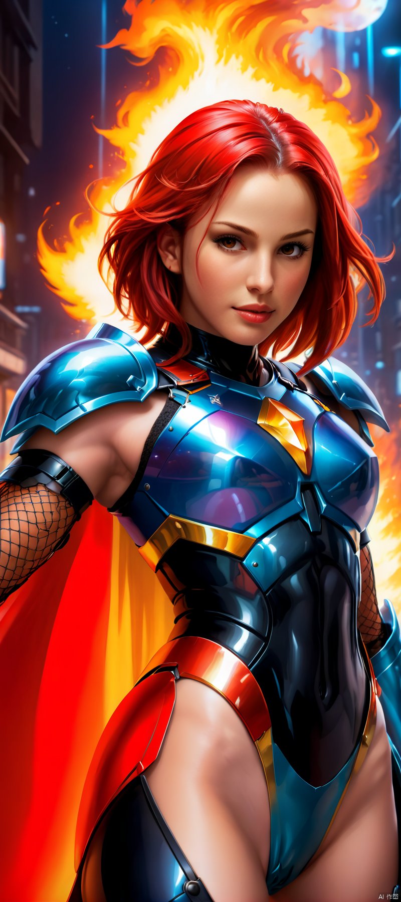 1 girl, Flame body, masterpiece, top quality,phoenix dark is x-men, beautiful and aesthetic:1.2, (1girl:1.3), (full body:1.5),red suitbody ,looking at viewer,fire hair, extreme detailed,(fire hands:1.5),fire,smoke,goddess, detailed, detail fingers, detail face, masterpiece,ultra realistic,32k,extremely detailed CG unity 8k wallpaper, best quality, Cinematic photography, movie mood, cinematic light, compelling composition, storytelling elements, conveys emotion, mood, and narrative depth, creating visually striking images that feel like still frames from a film, Cinematic portrait photography, capture subject in a way that resembles a still frame from a movie, cinematic lighting, story, narrative quality, drawing viewers into the scene and evoking a sense of cinematic immersion, capturing emotion, professional, engaging, compelling composition, night photography, nocturnal beauty, city lights, starry skies, celestial wonders, moonlit landscapes, urban glow, capturing the essence of darkness, ethereal atmosphere, dramatic shadows, magical ambiance, long exposure techniques, expert use of light sources, Heavenly Breasts,COLORFUL GRADIENT,score_9_up score_8_up score_7_up,DAMIMI,Spear and Shield,UTASHIMADG fishnets mecha leotard armor, HKMAGIC,Wearing fist gauntlets, HKSTYLE,MECHA ANGEL SOLDIER,((Hold spear and huge shield in front of body:1.5)),Hold spear and Shield,MAD-HVYBDYARMR HEAVY BODY ARMOR HELMET, Spell rings,***y body,