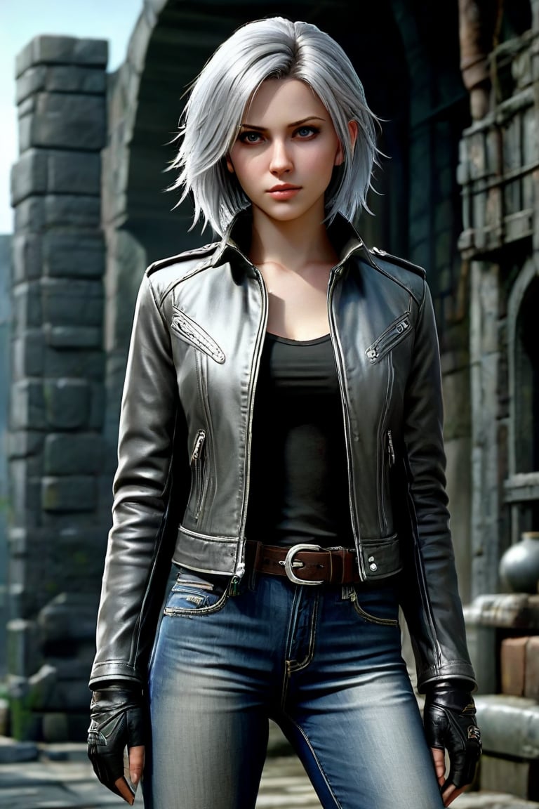 highly detailed, rpg style, beautiful young woman, 20 years old, metallic silver hair, casual shirt, leather jacket, jeans, boots, ultra detailed face, (very detailed hair), rebels shelter background, fusion of final fantasy videogame and dungeon & dragons realm, high contrast, flat colors, cel shaded, by Richard Anderson,Magical Fantasy style,3d toon style,portraitart