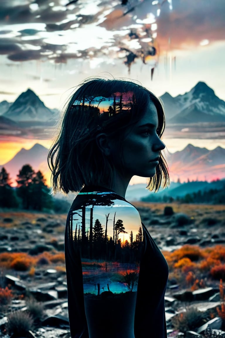 Masterpiece double exposure of a girl silhouette with monochrome apocalypse aftermath and a colorful natural landscape in the underlying backdrop, sharp contrast, detailed crisp lines, in focus, double exposure, by Skyrn99, high quality, high detail, high resolution