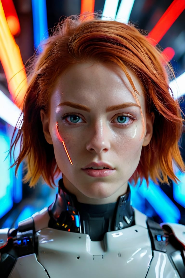 Best quality, Raw photo, face portrait, a young cyborg woman with fiery red hair. Her face fills the frame, bathed in neon hues, exuding determination and mystery amidst a futuristic backdrop