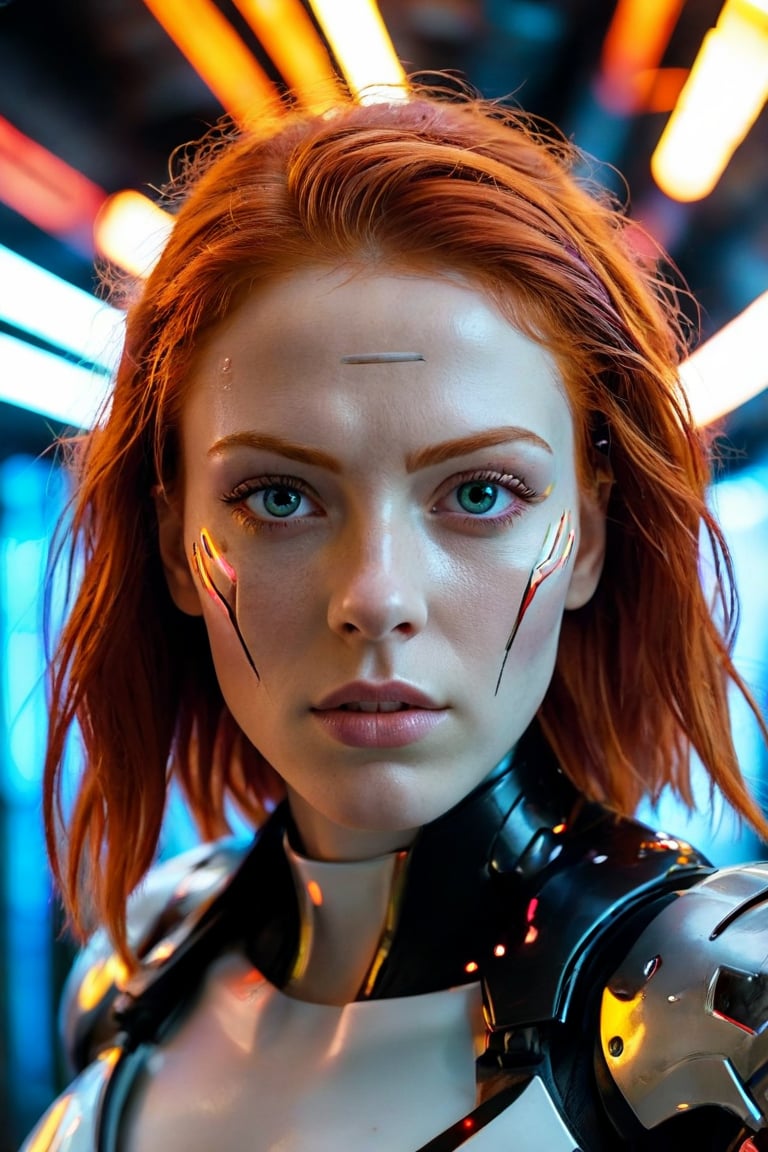 Best quality, Raw photo, face portrait, a young cyborg woman with fiery red hair. Her face fills the frame, bathed in neon hues, exuding determination and mystery amidst a futuristic backdrop