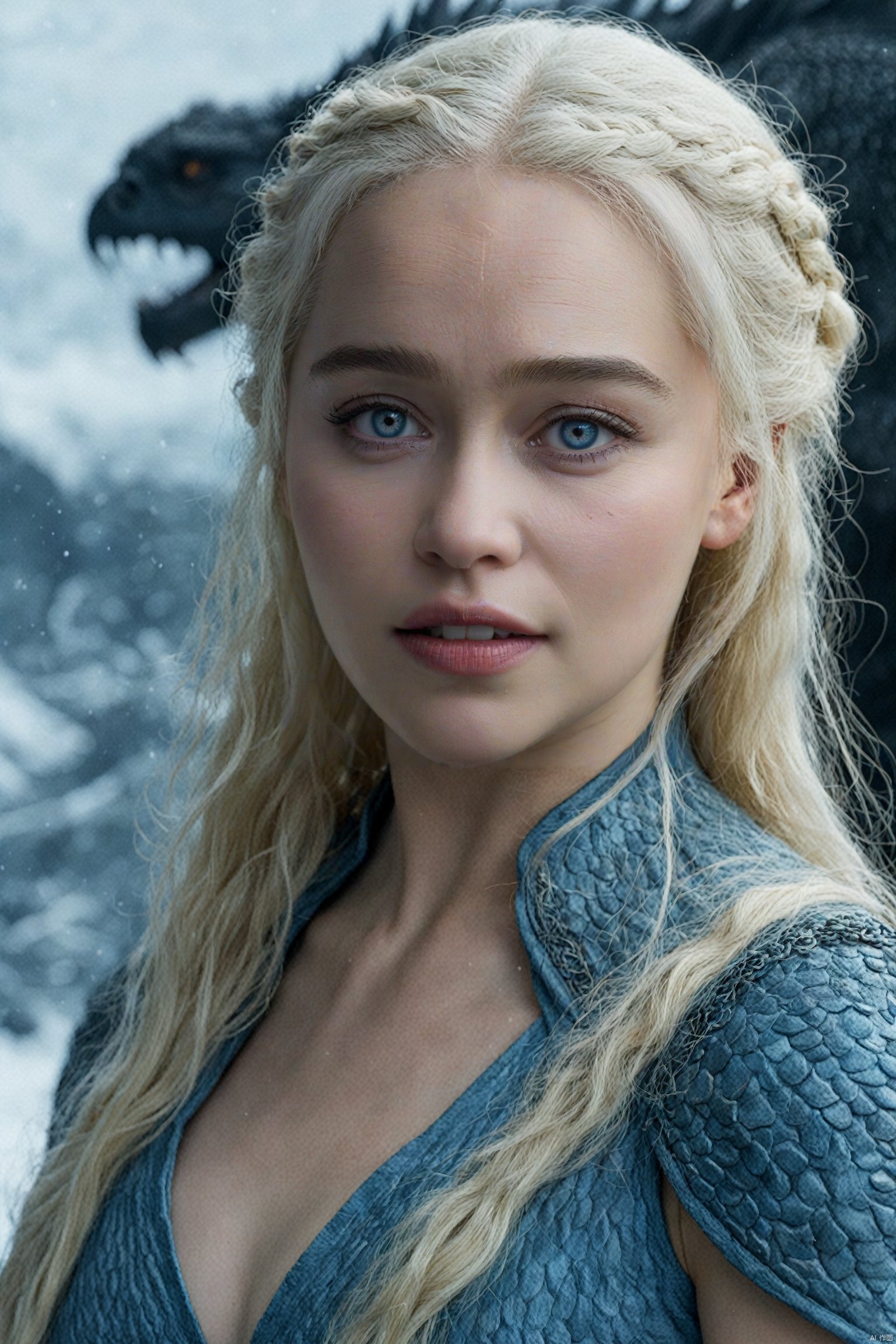  (Movie Still) from Game of Thrones,(extremely intricate:1.3),(realistic),portrait of a girl,the most beautiful in the world,Daenerys Targaryen,blonde hair,long hair,blue eyes,behind her is a dragon,monster,teeth,snow,(detailed face, detailed eyes, clear skin, clear eyes),photorealistic,award winning,professional photograph of a stunning woman detailed,sharp focus,dramatic,award winning,cinematic lighting,volumetrics dtx,,Movie Still, , emilia clarke,Emilia Clarke