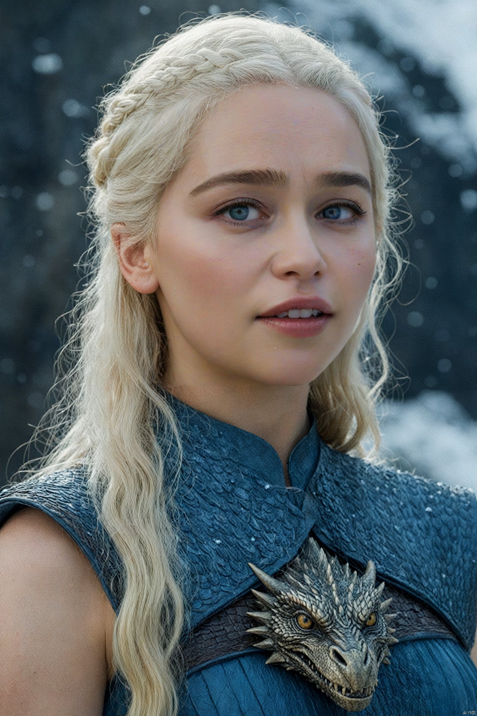  (Movie Still) from Game of Thrones,(extremely intricate:1.3),(realistic),portrait of a girl,the most beautiful in the world,Daenerys Targaryen,blonde hair,long hair,blue eyes,behind her is a dragon,monster,teeth,snow,(detailed face, detailed eyes, clear skin, clear eyes),photorealistic,award winning,professional photograph of a stunning woman detailed,sharp focus,dramatic,award winning,cinematic lighting,volumetrics dtx,,Movie Still, , emilia clarke,Emilia Clarke