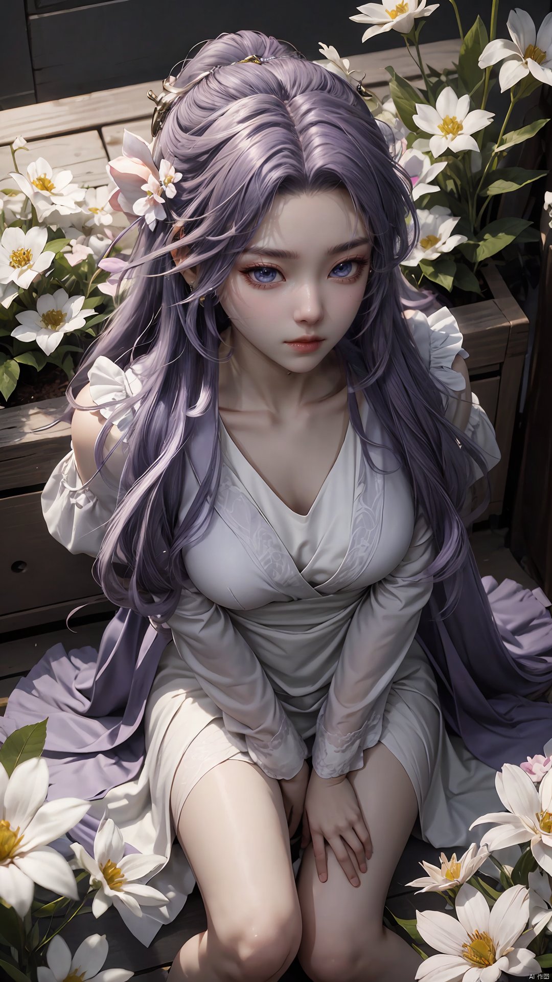  purple element,looking from above,above the knee,appear on camera,blue eyes,white_flower,XYunxiao,