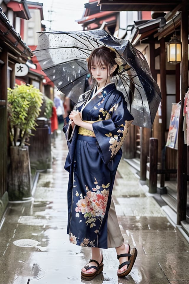 kimono, rain, oiled paper umbrella, mikas, 
A graceful woman in a vibrant kimono strolls along a rain-slicked cobblestone street in Kyoto. The soft pitter-patter of raindrops on her oiled paper umbrella creates a soothing melody as she navigates the historic Gion district. The vibrant colors of her kimono, adorned with intricate floral patterns, stand out against the muted tones of the traditional wooden machiya houses. Her geta sandals click rhythmically against the wet stones, while her hair, neatly styled in a traditional updo, remains perfectly in place beneath the shelter of the umbrella. The scene is a harmonious blend of tradition and elegance, capturing the timeless beauty of Kyoto in the rain.,mikas,hand holding umbrella