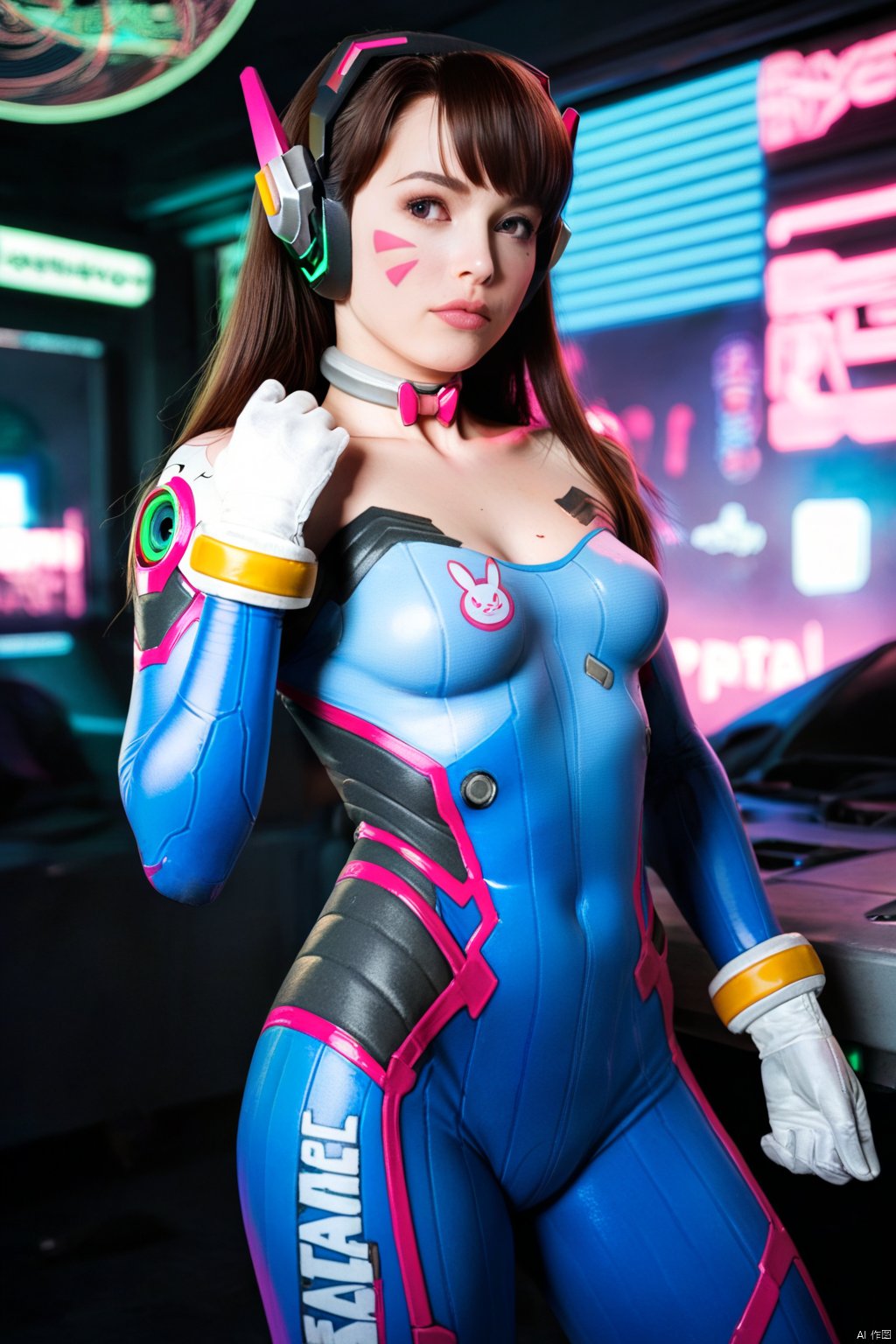 score_9, score_8_up, score_7_up, source_real, realitic, raw, photo, photorealism, & D.Va, Overwatch,reimagined in a cyberpunk universe,cyberpunk style,cyberpunk outfit, long hair, bodysuit,brown hair,brown eyes,pilot suit,headphones,white gloves, medium breasts,swept bangs, skin tight, bunny print, facepaint, glowing neon lights, cinematic scene, vivid detailed skin texture, subsurface scattering