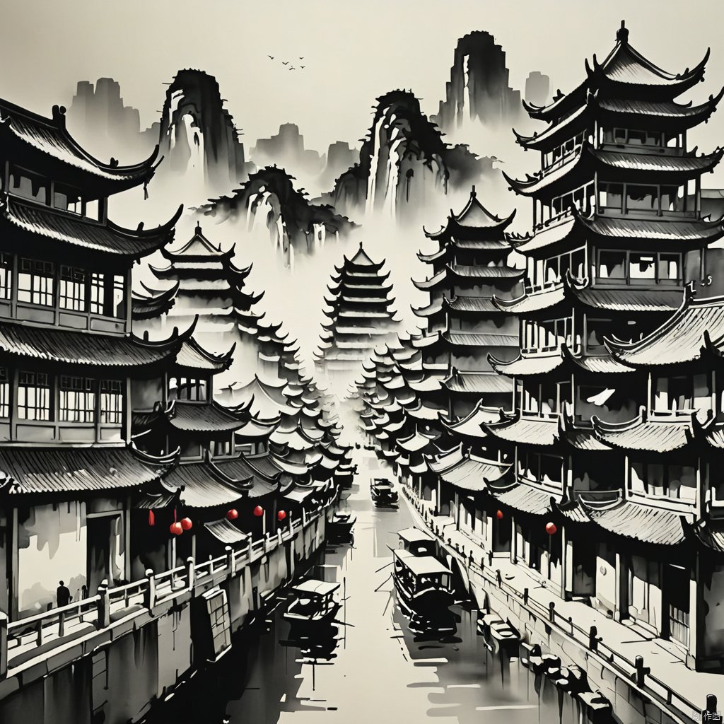 city,
Chinese ink painting,
