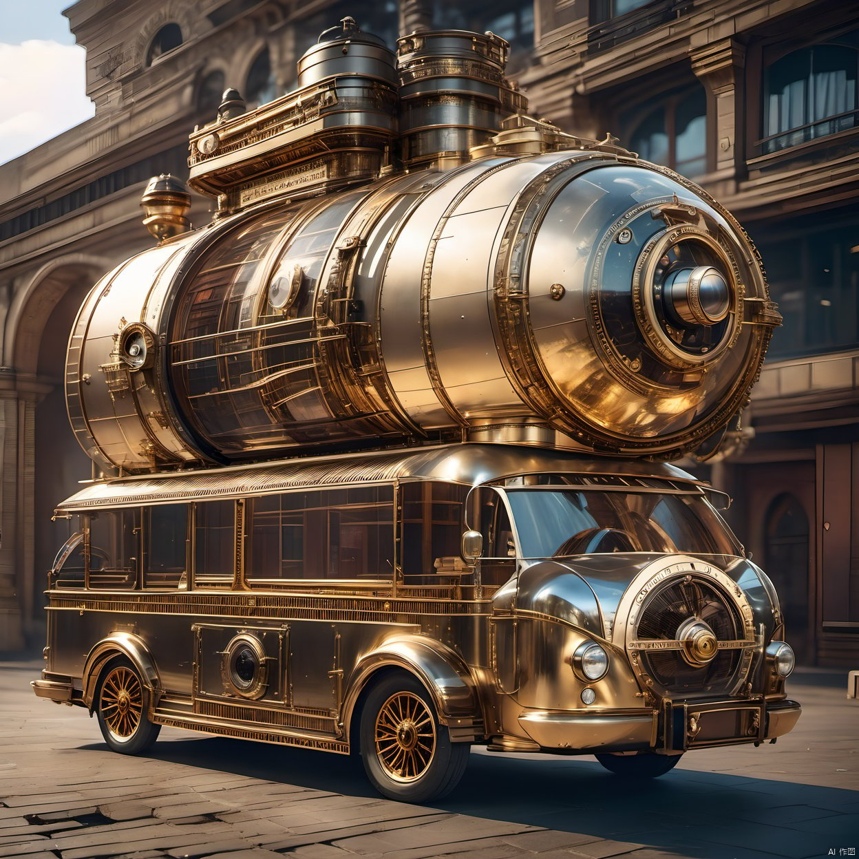 The best quality, masterpiece, steampunk, steampunk world, steampunk RV, steampunk architectural background, complex structure, super details, metallic texture, high reflection, ultra wide angle lens,