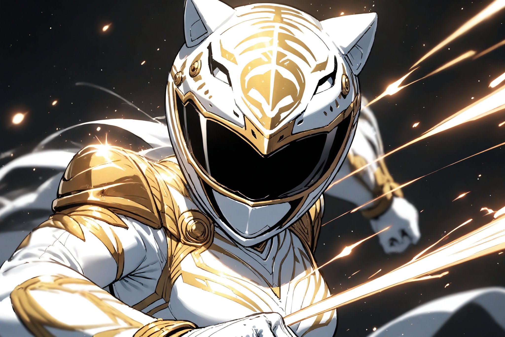 white ranger, helmet, bodysuit, (fighting stance:1.3), (close up, high Tension:1.2), black background, spark, light Particles