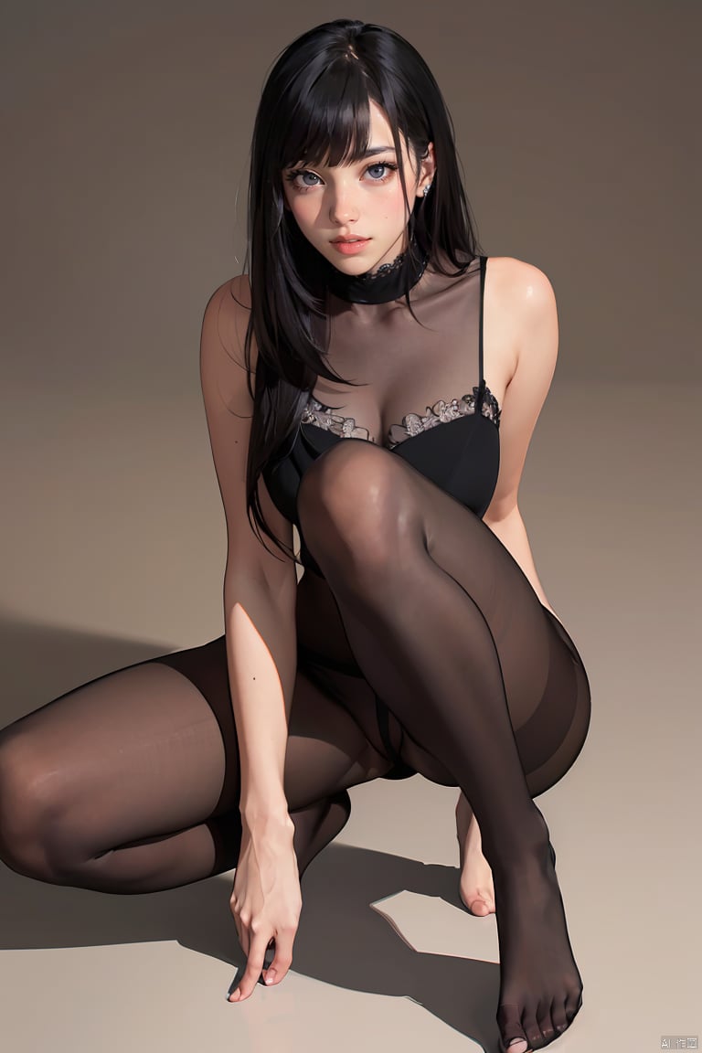 high definition, color trace, (High quality, High resolution, High quality, Fine details), Realistic, 1girl, sexy women, solo focus, long hair, black hair, bangs, black eyes, sparkling eyes, (Detailed eyes:1.2), long legs, crouching ,barefoot, monster girl, black Stockings,pantyhose