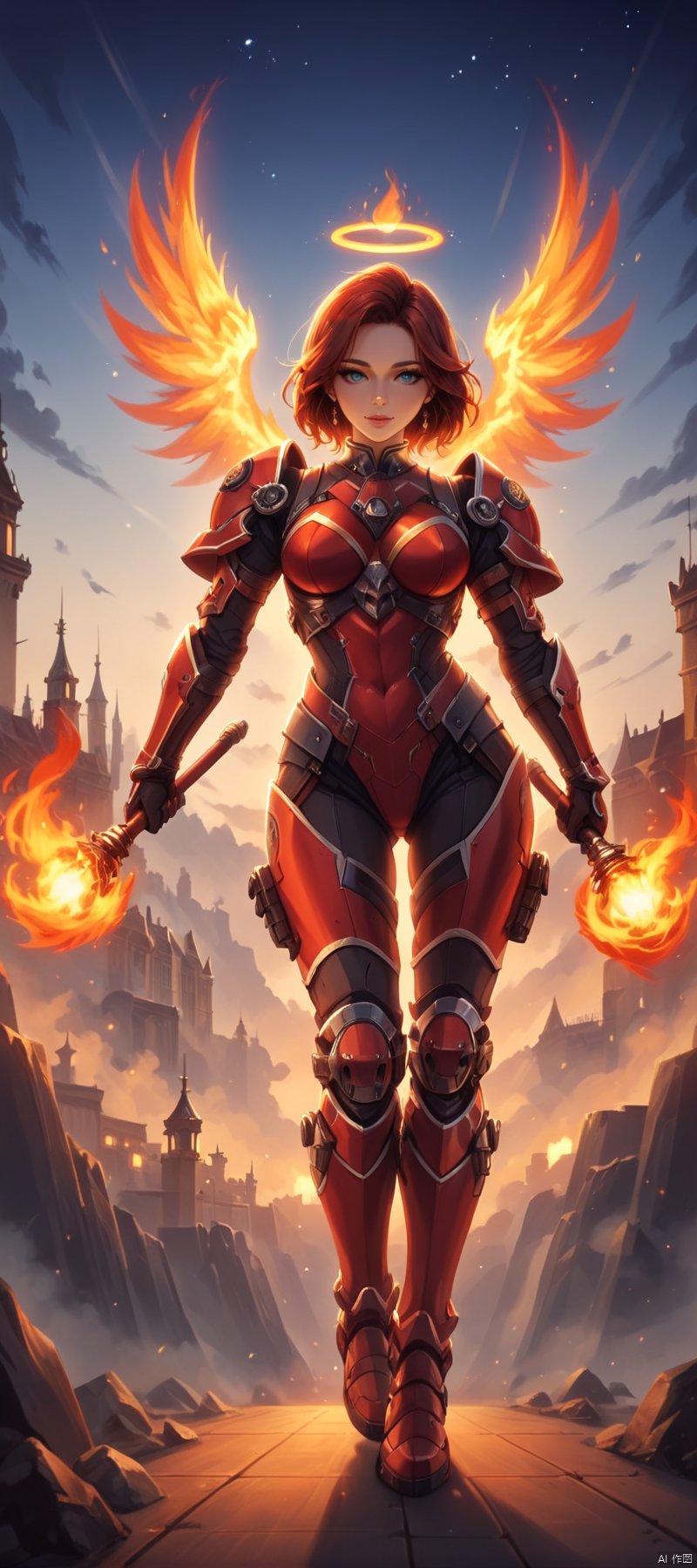 1 girl, Flame body, masterpiece, top quality,phoenix dark is x-men, beautiful and aesthetic:1.2, (1girl:1.3), (full body:1.5),red suitbody ,looking at viewer,fire hair, extreme detailed,(fire hands:1.5),fire,smoke,goddess, detailed, detail fingers, detail face, masterpiece,ultra realistic,32k,extremely detailed CG unity 8k wallpaper, best quality, Cinematic photography, movie mood, cinematic light, compelling composition, storytelling elements, conveys emotion, mood, and narrative depth, creating visually striking images that feel like still frames from a film, Cinematic portrait photography, capture subject in a way that resembles a still frame from a movie, cinematic lighting, story, narrative quality, drawing viewers into the scene and evoking a sense of cinematic immersion, capturing emotion, professional, engaging, compelling composition, night photography, nocturnal beauty, city lights, starry skies, celestial wonders, moonlit landscapes, urban glow, capturing the essence of darkness, ethereal atmosphere, dramatic shadows, magical ambiance, long exposure techniques, expert use of light sources, Heavenly Breasts,COLORFUL GRADIENT,score_9_up score_8_up score_7_up,DAMIMI,Spear and Shield,UTASHIMADG fishnets mecha leotard armor, HKMAGIC,Wearing fist gauntlets, HKSTYLE,MECHA ANGEL SOLDIER, waving a huge battleaxe