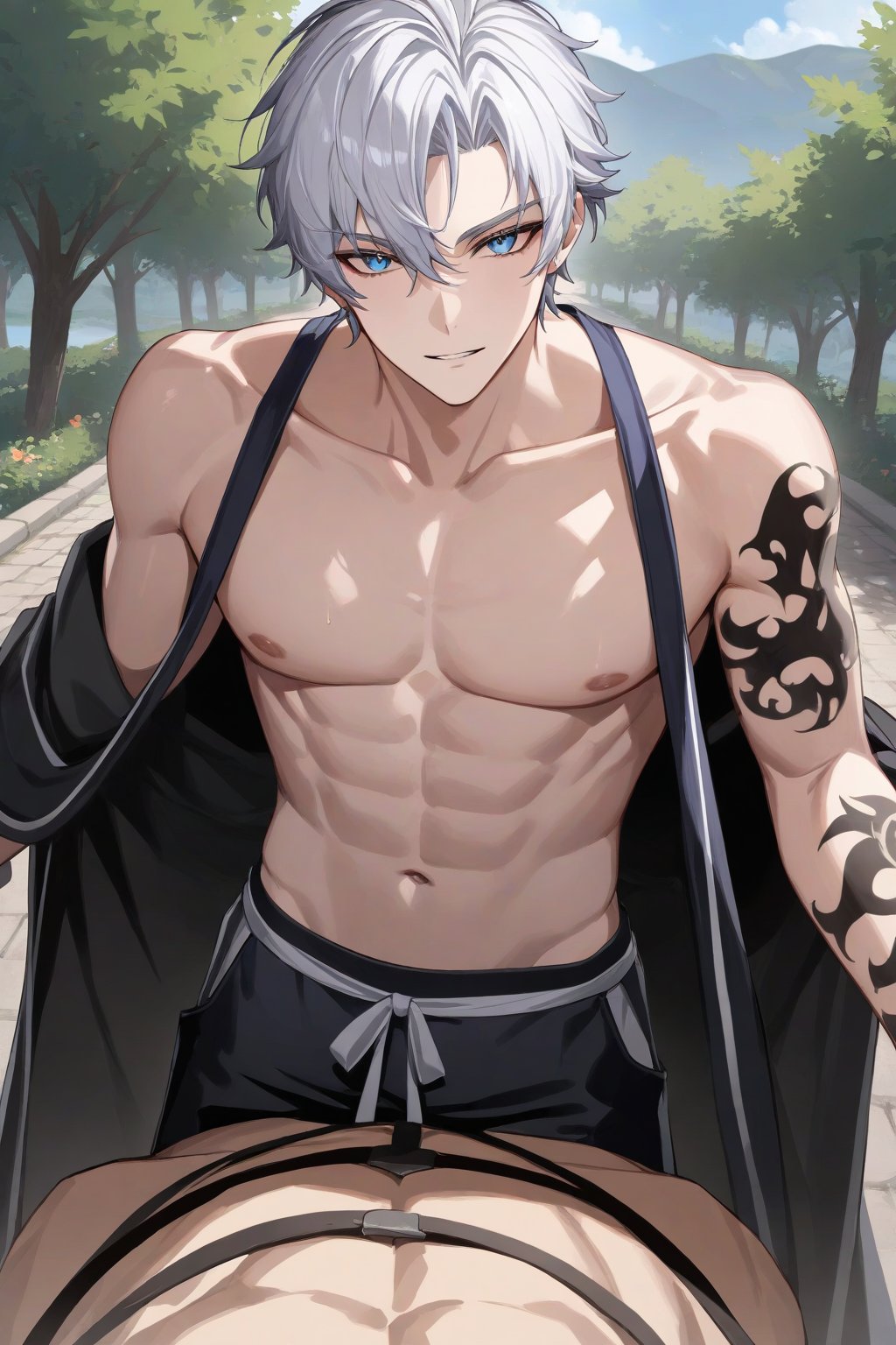 masterpiece, best quality, very aesthetic, absurdres, ((1boy, male only, male focus, mature male)), pov, lass, white hair, blue eyes, medium hair, hair between eyes, bangs, black tattoo on left arm, collarbone, lanky, navel, outdoors,