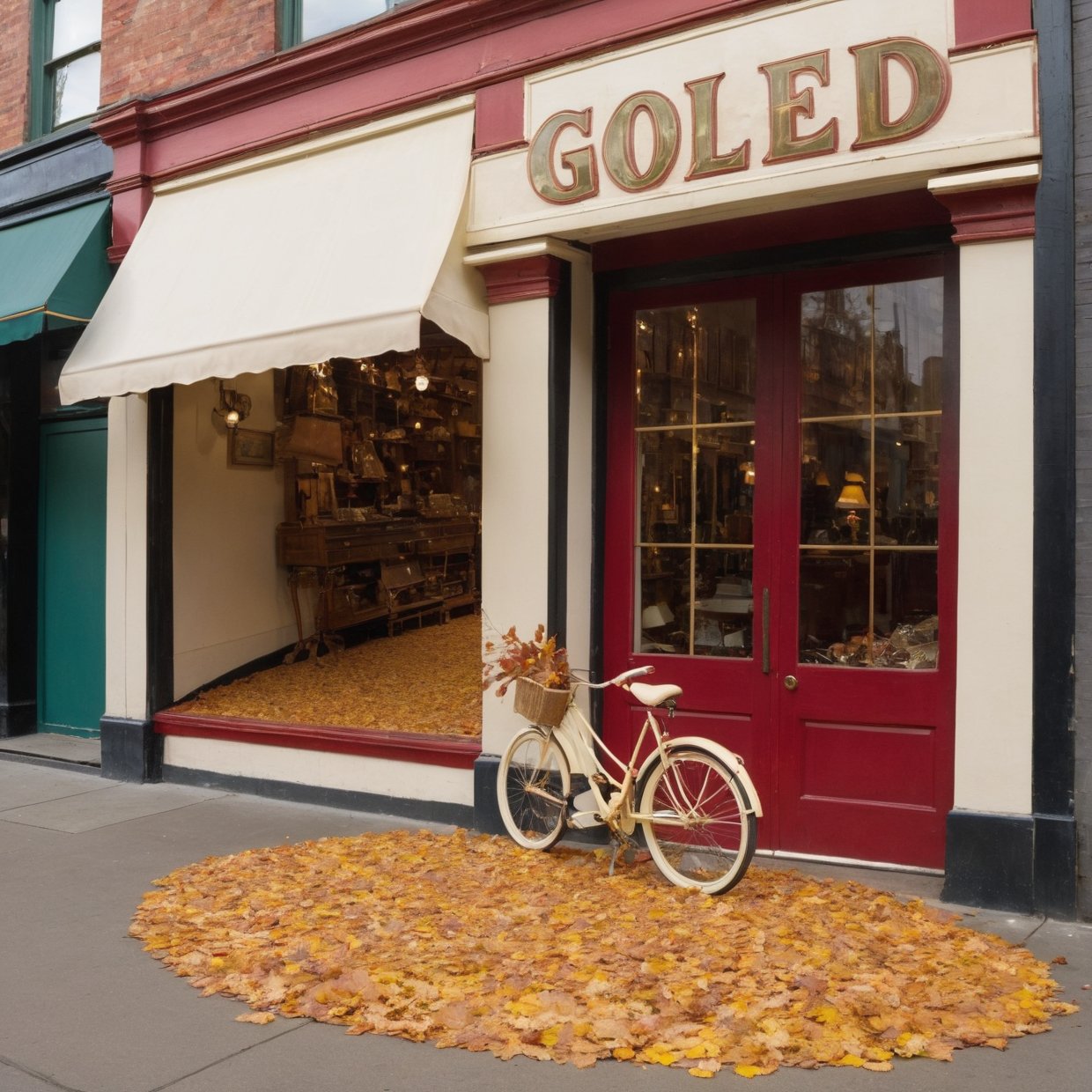 Imagine you're looking at a vintage store, with a storefront full of antiques and curiosities. The art deco sign adds a touch of elegance to the ambiance. In front of the store, an antique bicycle rests against a brick wall, evoking memories of past adventures. Fallen leaves from trees create a golden carpet on the ground, while a playful dog runs after a ball in the street.