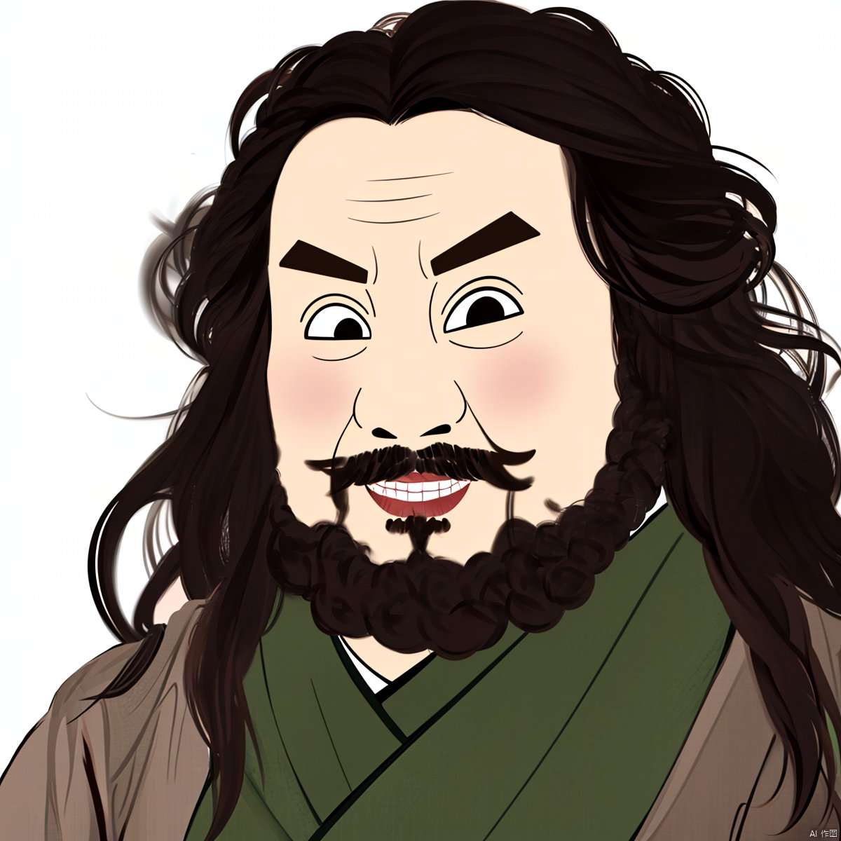 插画,水墨画,A girl's avatar, Zhang Fei's image, full of beard, dark circles, panda eyes, staying up late, lack of energy, listless,A woman with a long beard
Female version of Zhang Fei,solo,long hair
simple background,black hair,white background,upper body,male focus,japanese clothes,black eyes,facial hair,beard,mustache,A female man