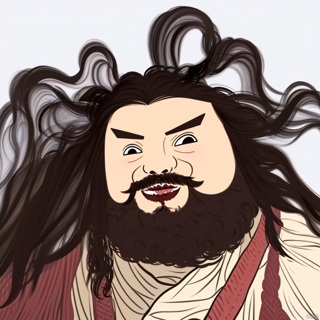 A female man, Ink painting, Hand-drawn illustration, 1 girl, Head image, A girl's avatar, Zhang Fei's image, Female version of Zhang Fei, full of beard, Beard, A woman with a long beard, Pure background, upper body, solo, long hair, simple background, black hair, white background, black eyes, facial hair, beard, mustache