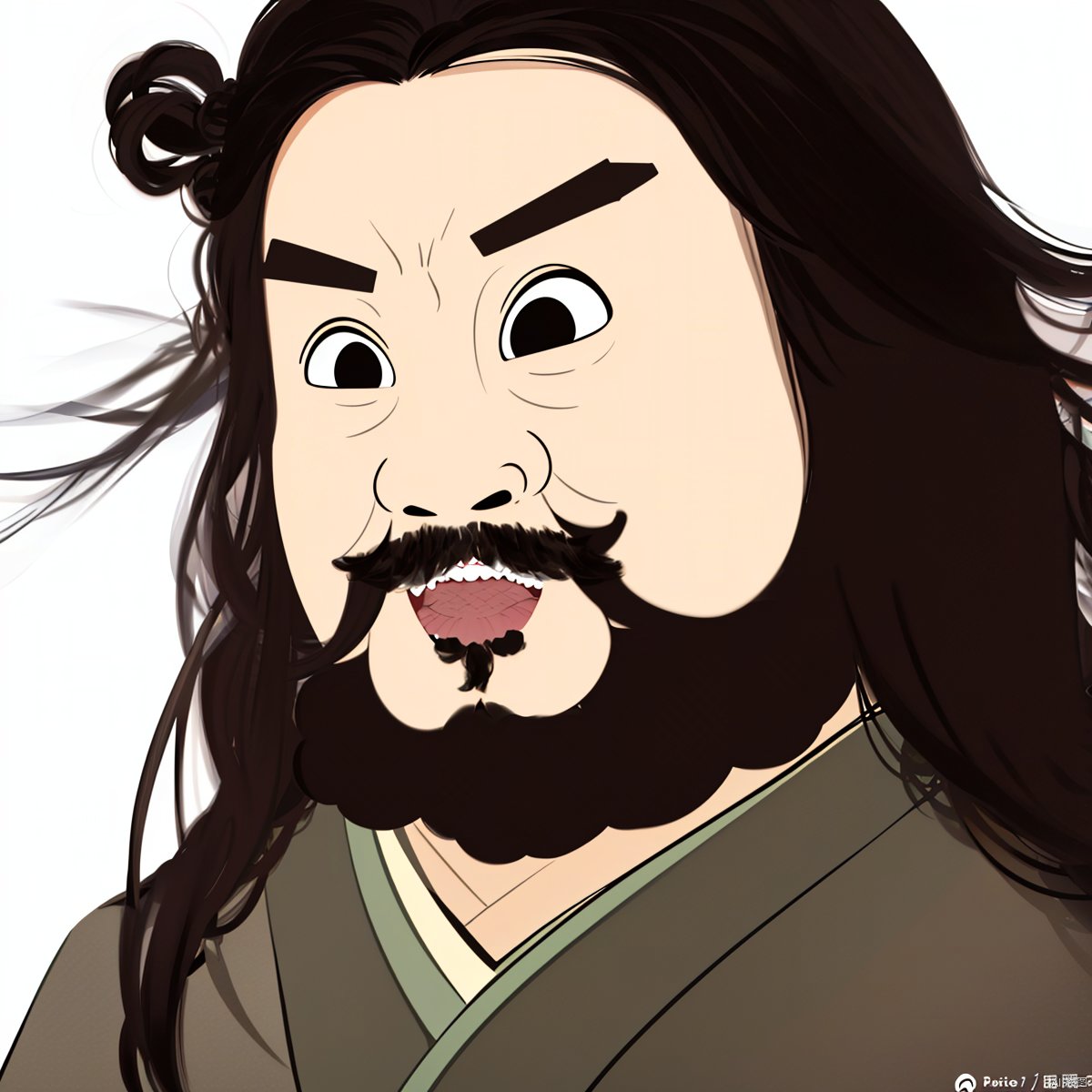 插画,水墨画,A girl's avatar, Zhang Fei's image, full of beard, dark circles, panda eyes, staying up late, lack of energy, listless,A woman with a long beard
Female version of Zhang Fei,solo,long hair
simple background,black hair,white background,upper body,male focus,japanese clothes,black eyes,facial hair,beard,mustache,A female man