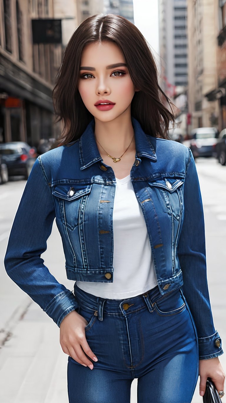 beautiful detailed eyes, tight jeans, cropped denim jacket