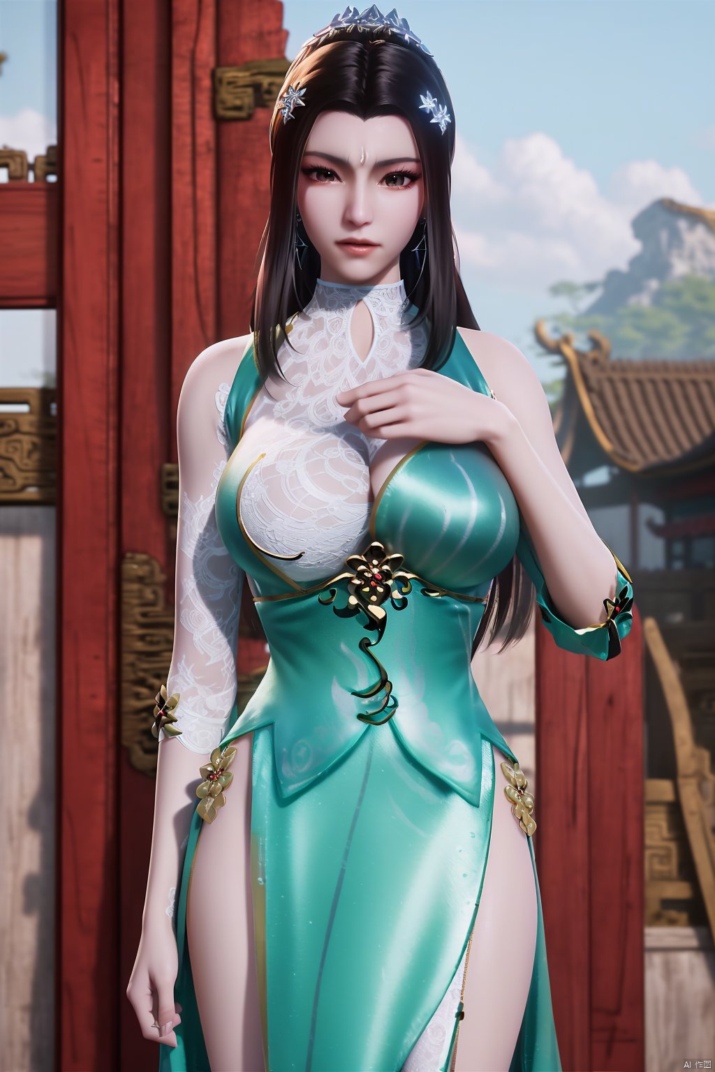 (8k, RAW photo, best quality, masterpiece:1.2), (realistic, photorealistic:1.3), ultra-detailed, extremely detailed cg 8k wallpaper, (crystalstexture skin:1.2), extremely delicate and beautiful,1girl,black, long hair, earrings,chinese clothes,dress,big breasts,looking at viewer,cowboy shot,(outdoor:1.3),