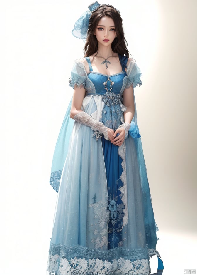 Theme, (Masterpiece), (Best Quality), (Detail), ((Color Splash)), 1 Girl, Solo, blue style costume,Bluish grey dress,long hair,brown Hair,big blue eyes,looking at viewer,white background,full body,Game of Thrones,Medieval dress,Straight shoulder,magnificent,lacing,Flat shoes