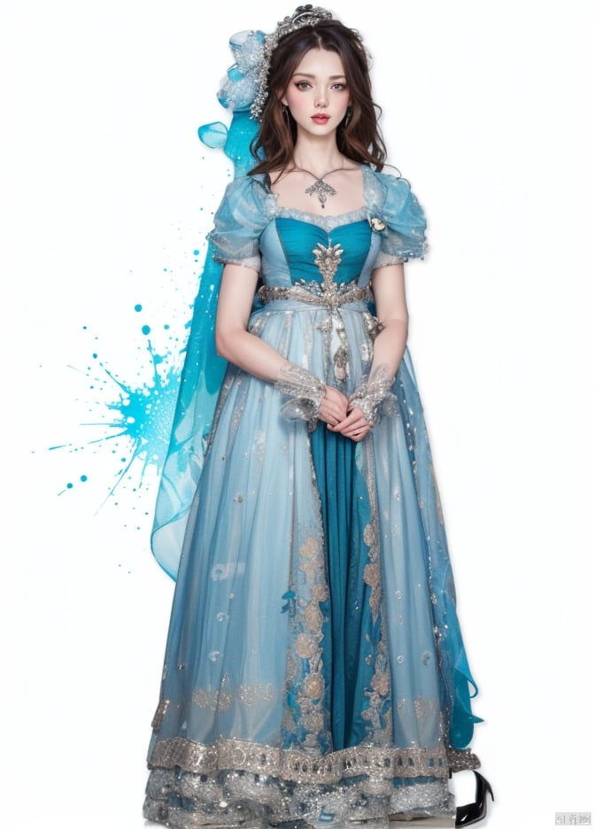 Theme, (Masterpiece), (Best Quality), (Detail), ((Color Splash)), 1 Girl, Solo, blue style costume,Bluish grey dress,long hair,brown Hair,big blue eyes,looking at viewer,white background,full body,Game of Thrones,Medieval dress,magnificent,lacing,Flat shoes