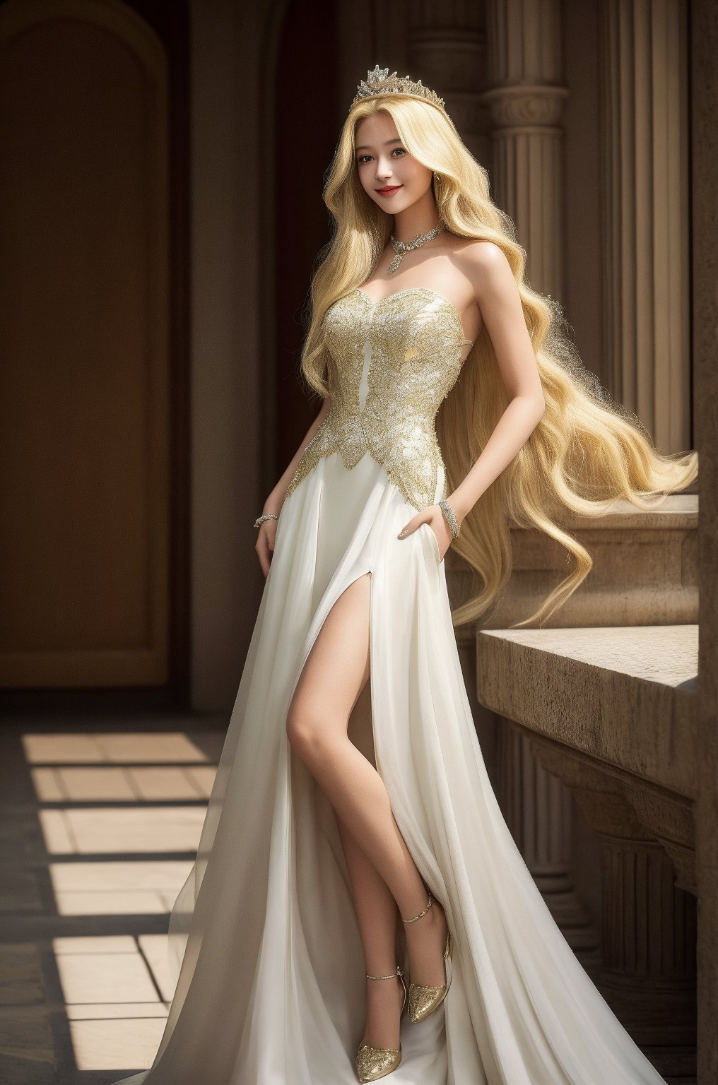 (masterpiece), 1girl, long hair, blond hair, (smile:0.5), dress, ,Girl ,Queen 